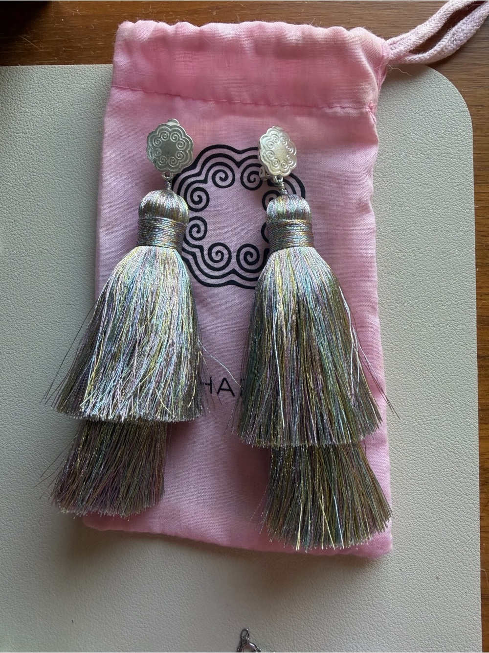 Hart Iridescent Silver Tassel Earrings Clip On